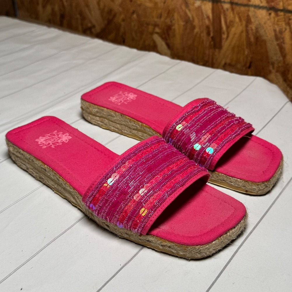 Hot Pink Sequin Strap Sandals Slip On Preppy Chic Y2K Summer Shoes Womens US 8